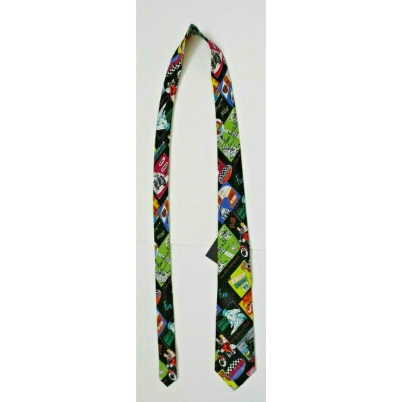 Nicole Miller Harley Davidson VTG Ads Skinny Tie Necktie Multicolor 100% Silk - Picture 1 of 4